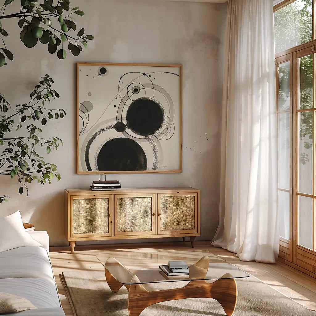 Planetary III by Shirley Novak. Shown in a natural wood frame in a cozy modern living room. Available as an archival giclee rolled canvas, fine art paper, or poster print. SKU 22919a.