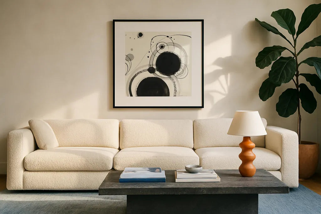 Planetary III by Shirley Novak. Displayed in a glass frame with matte in a clean modern living room. Available as an archival giclee rolled canvas, fine art paper, or poster print. SKU 22919a.