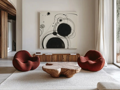 Planetary III by Shirley Novak. Shown as extra-large giant wall art in a modern living room. Available as an archival giclee rolled canvas, fine art paper, or poster print. SKU 22919a.