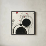 Planetary III with Red by Shirley Novak. Shown in a sleek black glass frame for a contemporary gallery look. Available as an archival giclee rolled canvas, fine art paper, or poster print. SKU 30935a.