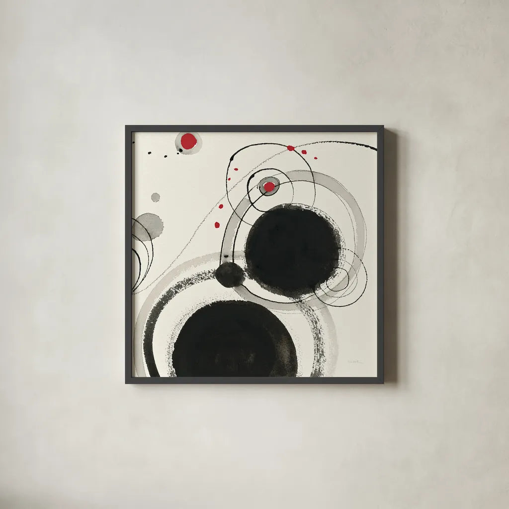 Planetary III with Red by Shirley Novak. Shown in a sleek black glass frame for a contemporary gallery look. Available as an archival giclee rolled canvas, fine art paper, or poster print. SKU 30935a.