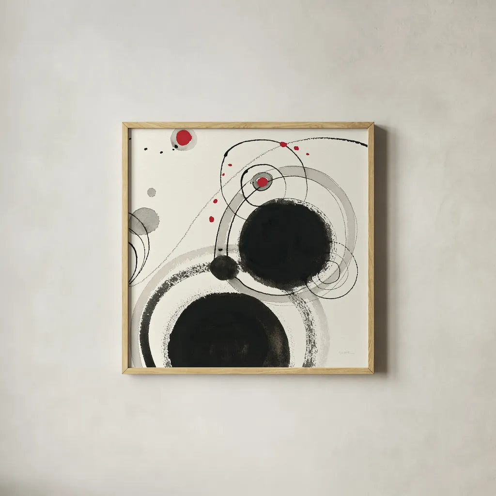 Planetary III with Red by Shirley Novak. Shown in a natural wood glass frame for a timeless modern aesthetic. Available as an archival giclee rolled canvas, fine art paper, or poster print. SKU 30935a.