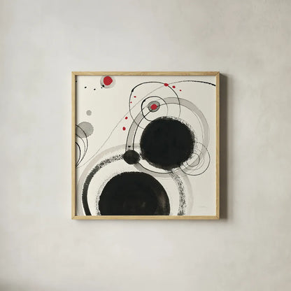 Planetary III with Red by Shirley Novak. Shown in a natural wood glass frame for a timeless modern aesthetic. Available as an archival giclee rolled canvas, fine art paper, or poster print. SKU 30935a.