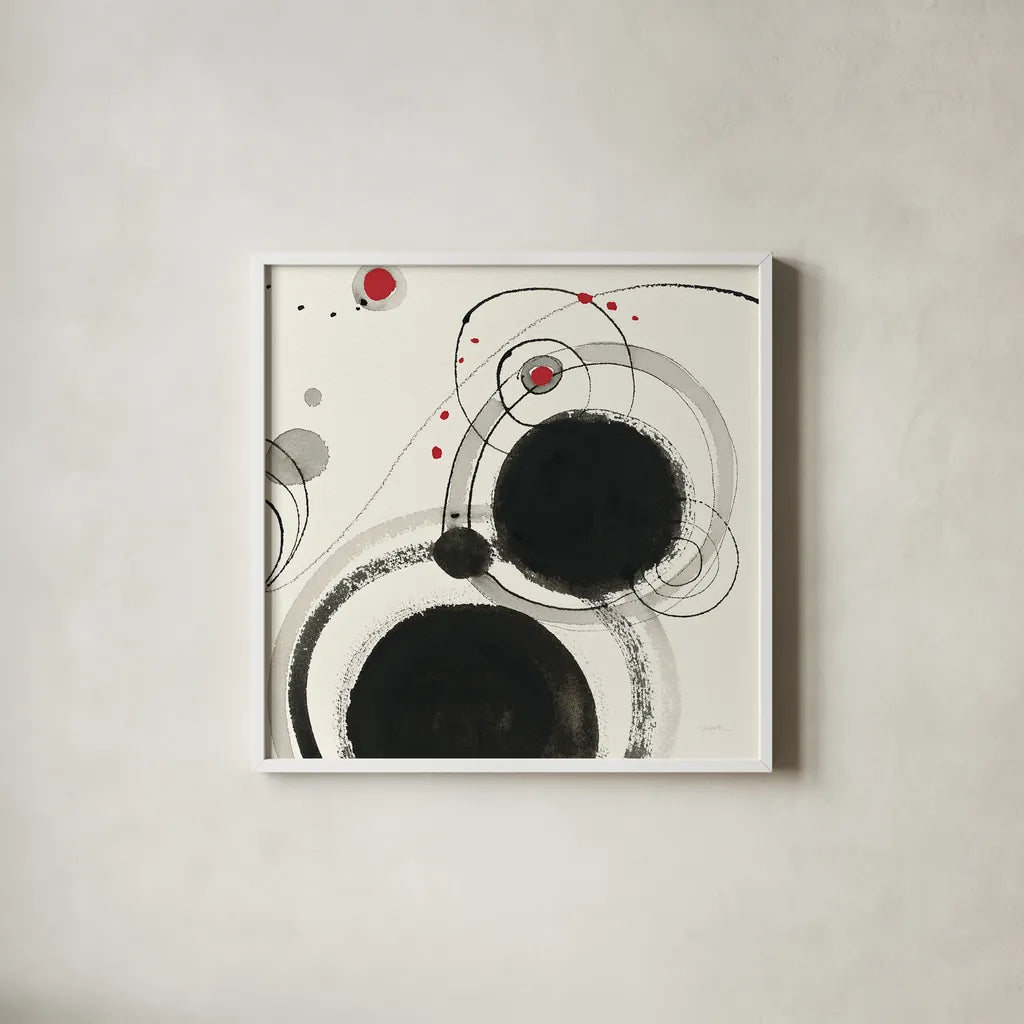 Planetary III with Red by Shirley Novak. Shown in a crisp white glass frame for a clean and minimalist style. Available as an archival giclee rolled canvas, fine art paper, or poster print. SKU 30935a.