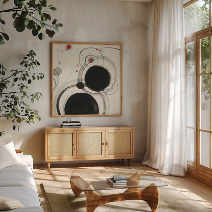 Planetary III with Red by Shirley Novak. Shown in a natural wood frame in a cozy modern living room. Available as an archival giclee rolled canvas, fine art paper, or poster print. SKU 30935a.