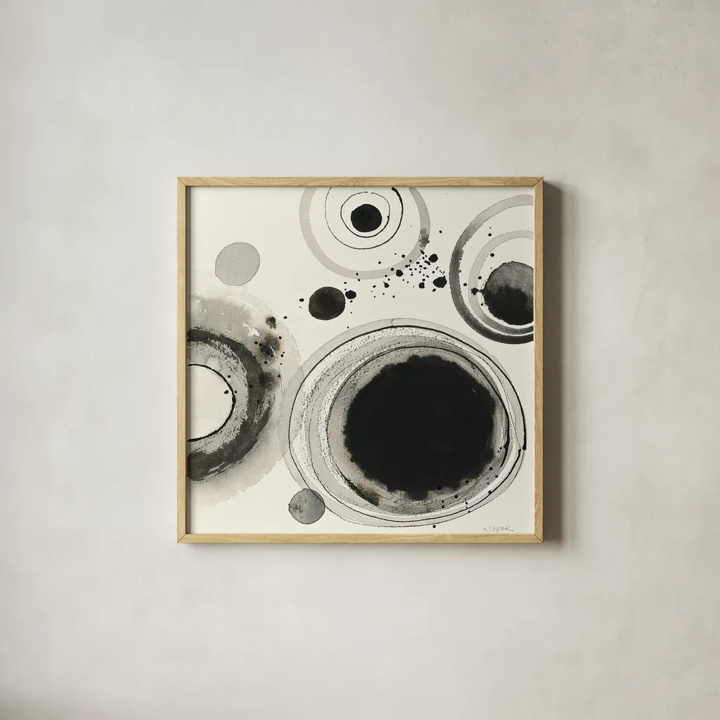 Planetary IV by Shirley Novak. Shown in a natural wood glass frame for a timeless modern aesthetic. Available as an archival giclee rolled canvas, fine art paper, or poster print. SKU 22920a.