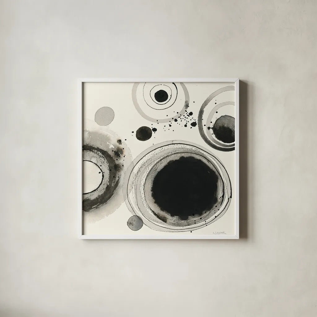 Planetary IV by Shirley Novak. Shown in a crisp white glass frame for a clean and minimalist style. Available as an archival giclee rolled canvas, fine art paper, or poster print. SKU 22920a.