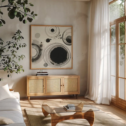 Planetary IV by Shirley Novak. Shown in a natural wood frame in a cozy modern living room. Available as an archival giclee rolled canvas, fine art paper, or poster print. SKU 22920a.