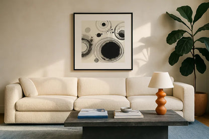 Planetary IV by Shirley Novak. Displayed in a glass frame with matte in a clean modern living room. Available as an archival giclee rolled canvas, fine art paper, or poster print. SKU 22920a.