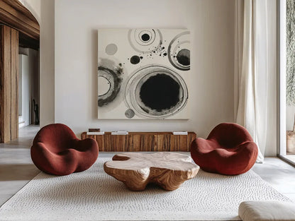 Planetary IV by Shirley Novak. Shown as extra-large giant wall art in a modern living room. Available as an archival giclee rolled canvas, fine art paper, or poster print. SKU 22920a.