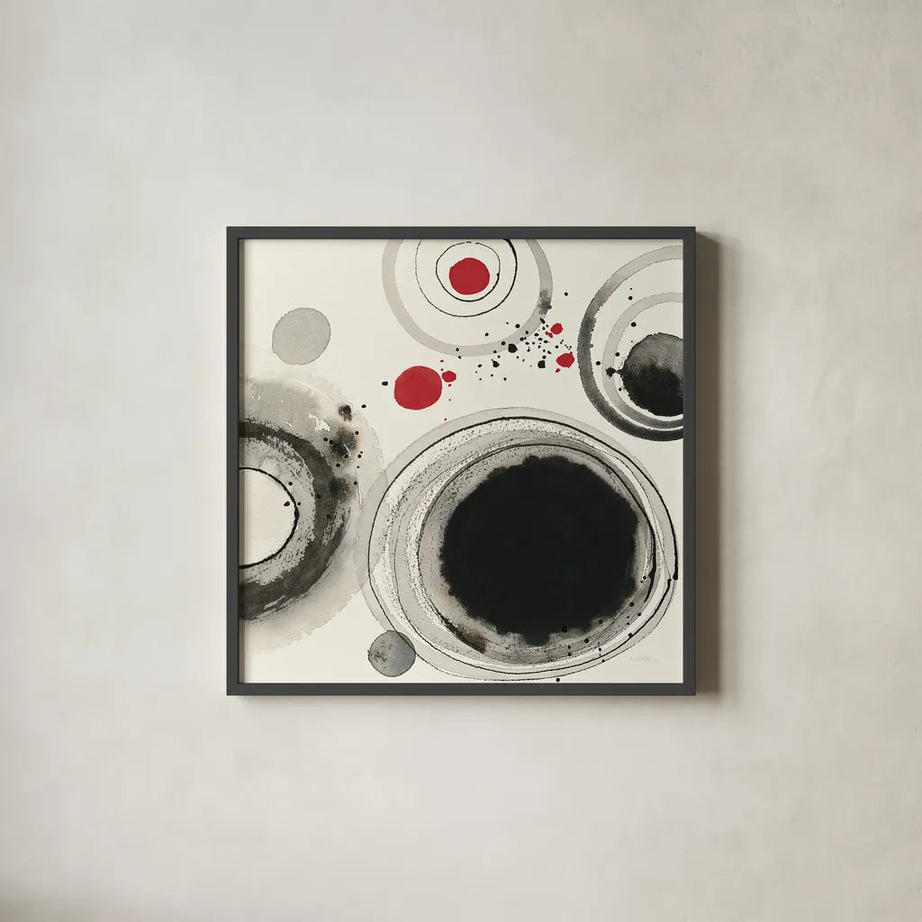 Planetary IV with Red by Shirley Novak. Shown in a sleek black glass frame for a contemporary gallery look. Available as an archival giclee rolled canvas, fine art paper, or poster print. SKU 30936a.