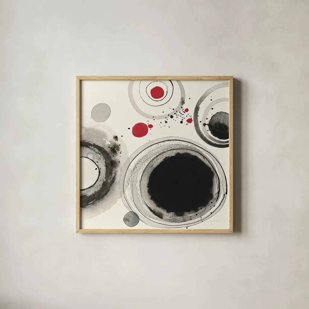 Planetary IV with Red by Shirley Novak. Shown in a natural wood glass frame for a timeless modern aesthetic. Available as an archival giclee rolled canvas, fine art paper, or poster print. SKU 30936a.