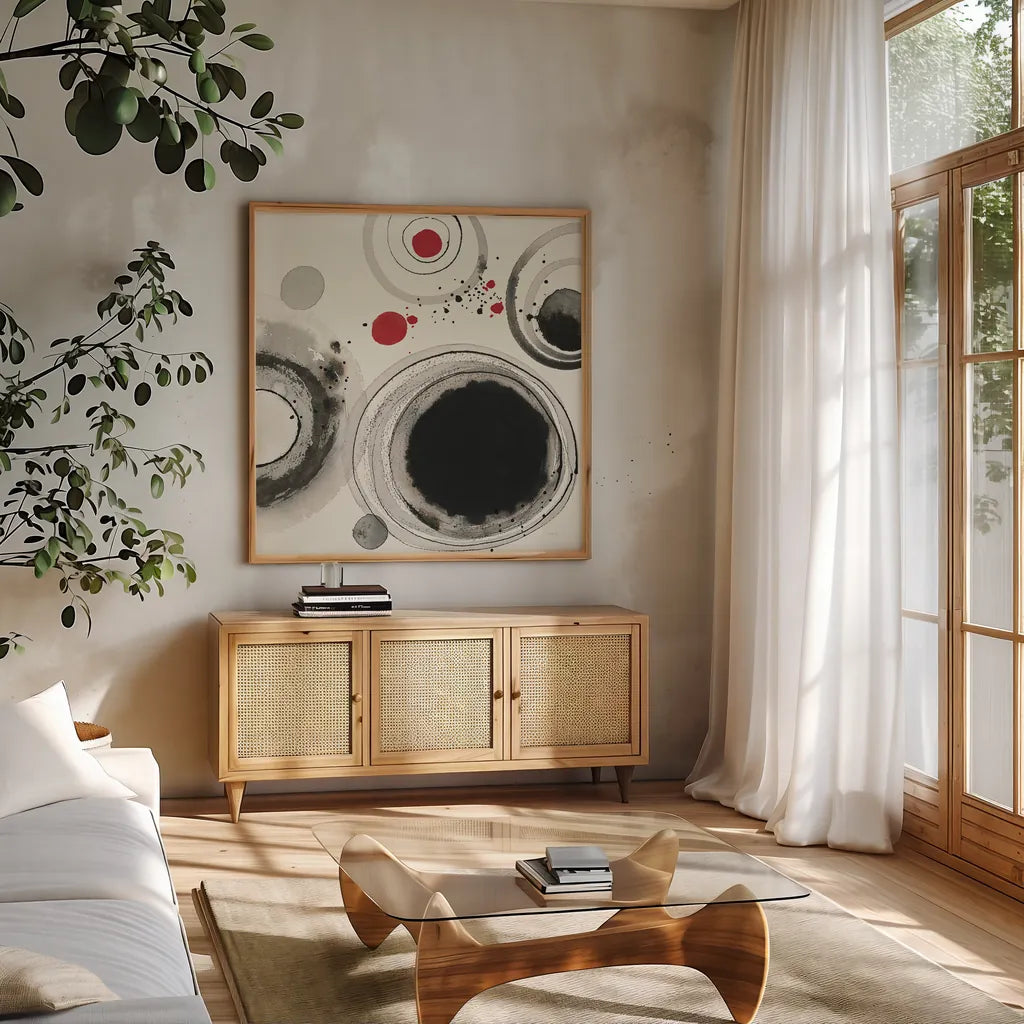 Planetary IV with Red by Shirley Novak. Shown in a natural wood frame in a cozy modern living room. Available as an archival giclee rolled canvas, fine art paper, or poster print. SKU 30936a.