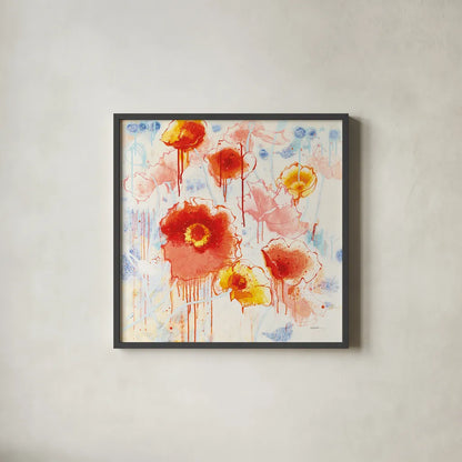 Playin with Poppies by Shirley Novak. Shown in a sleek black glass frame for a contemporary gallery look. Available as an archival giclee rolled canvas, fine art paper, or poster print. SKU 89374a.