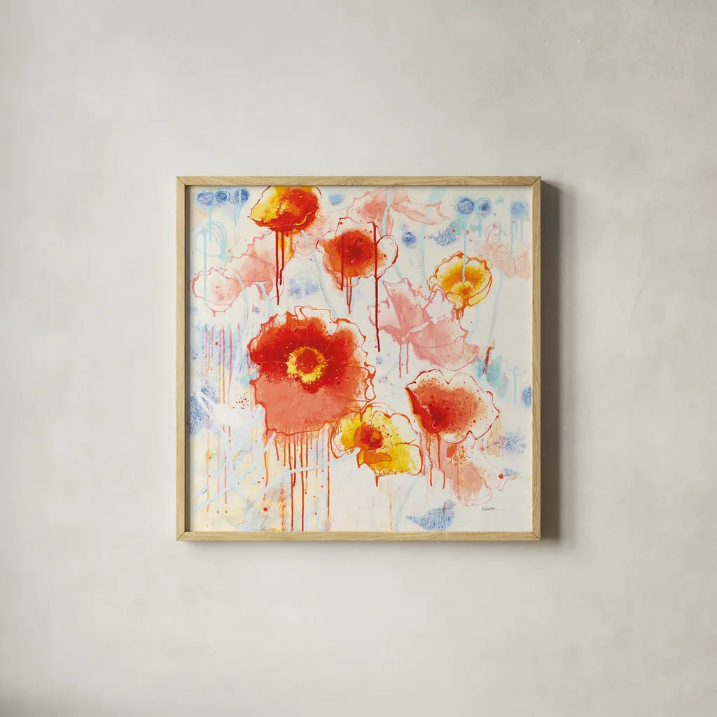 Playin with Poppies by Shirley Novak. Shown in a natural wood glass frame for a timeless modern aesthetic. Available as an archival giclee rolled canvas, fine art paper, or poster print. SKU 89374a.