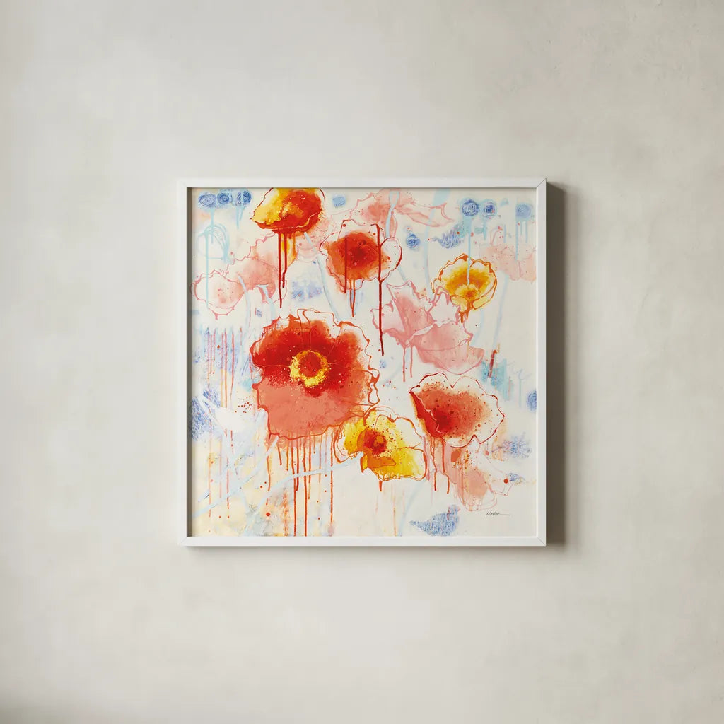 Playin with Poppies by Shirley Novak. Shown in a crisp white glass frame for a clean and minimalist style. Available as an archival giclee rolled canvas, fine art paper, or poster print. SKU 89374a.