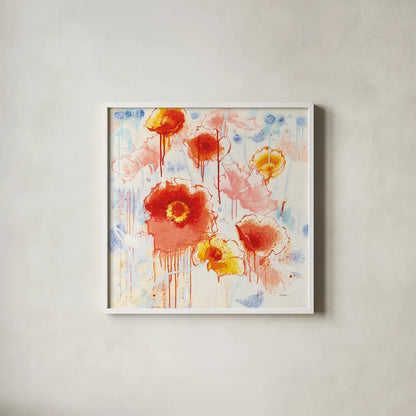 Playin with Poppies by Shirley Novak. Shown in a crisp white glass frame for a clean and minimalist style. Available as an archival giclee rolled canvas, fine art paper, or poster print. SKU 89374a.
