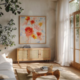Playin with Poppies by Shirley Novak. Shown in a natural wood frame in a cozy modern living room. Available as an archival giclee rolled canvas, fine art paper, or poster print. SKU 89374a.