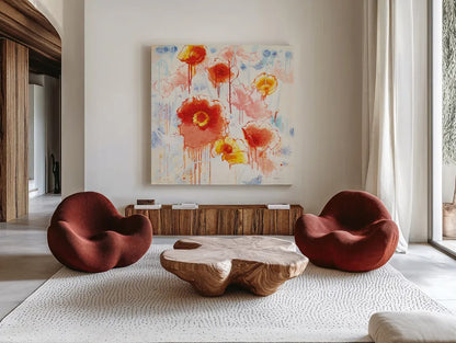 Playin with Poppies by Shirley Novak. Shown as extra-large giant wall art in a modern living room. Available as an archival giclee rolled canvas, fine art paper, or poster print. SKU 89374a.