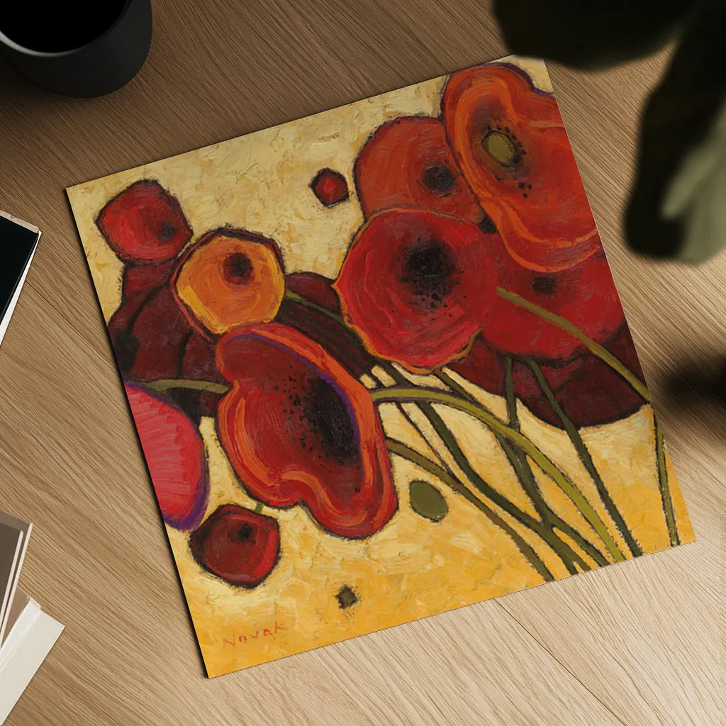 Poppies WIldly I by Shirley Novak. Shown as a detailed flat fine art print, highlighting archival giclee quality. Available as an archival giclee rolled canvas, fine art paper, or poster print. SKU 4743a.