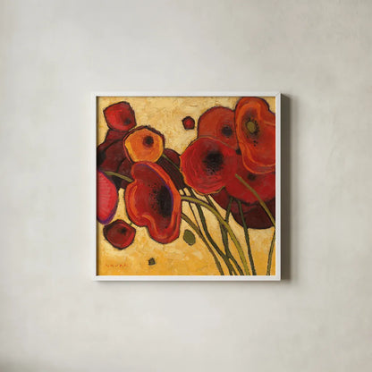Poppies WIldly I by Shirley Novak. Shown in a crisp white glass frame for a clean and minimalist style. Available as an archival giclee rolled canvas, fine art paper, or poster print. SKU 4743a.