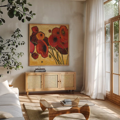 Poppies WIldly I by Shirley Novak. Shown in a natural wood frame in a cozy modern living room. Available as an archival giclee rolled canvas, fine art paper, or poster print. SKU 4743a.