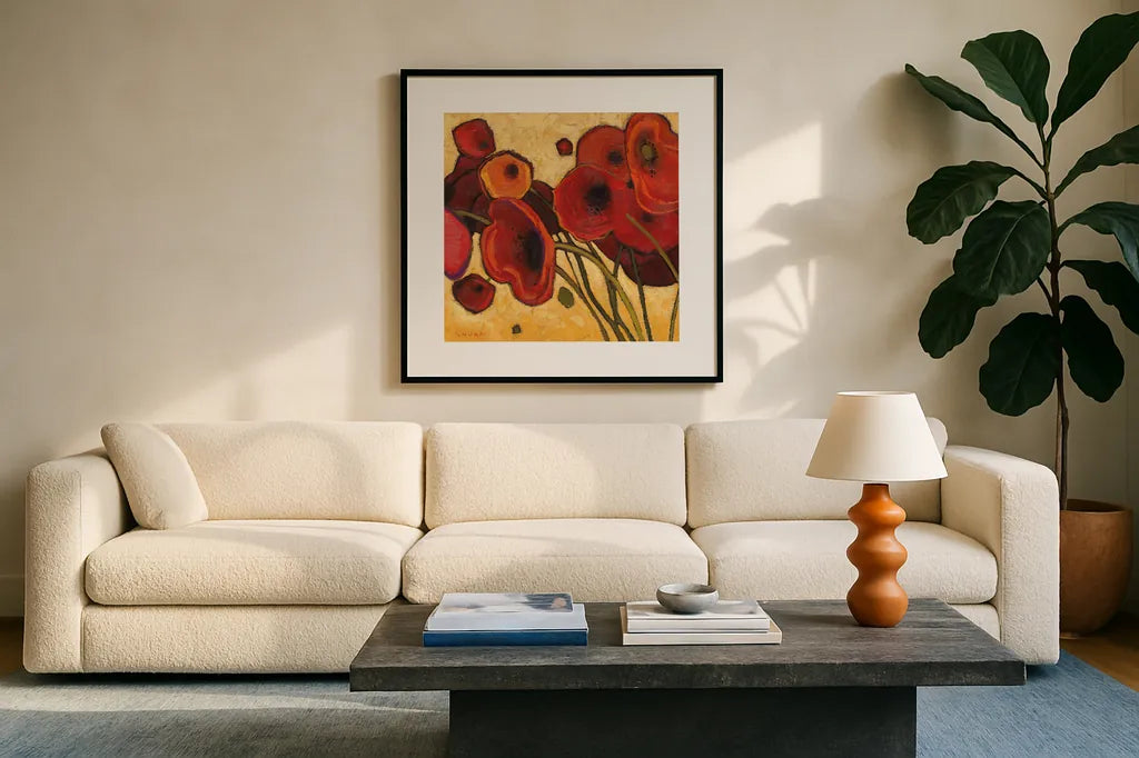 Poppies WIldly I by Shirley Novak. Displayed in a glass frame with matte in a clean modern living room. Available as an archival giclee rolled canvas, fine art paper, or poster print. SKU 4743a.