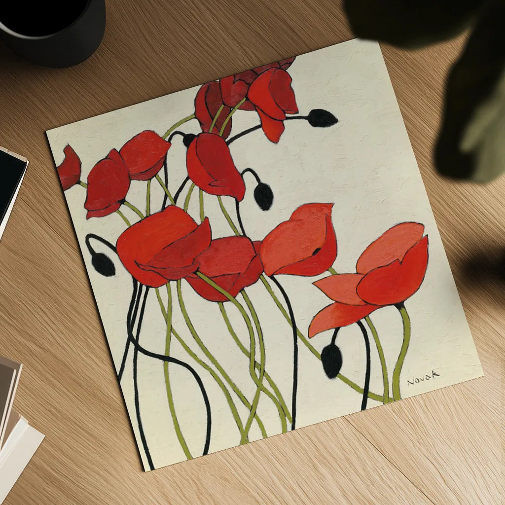 Poppies and Cream I by Shirley Novak. Shown as a detailed flat fine art print, highlighting archival giclee quality. Available as an archival giclee rolled canvas, fine art paper, or poster print. SKU 4669a.