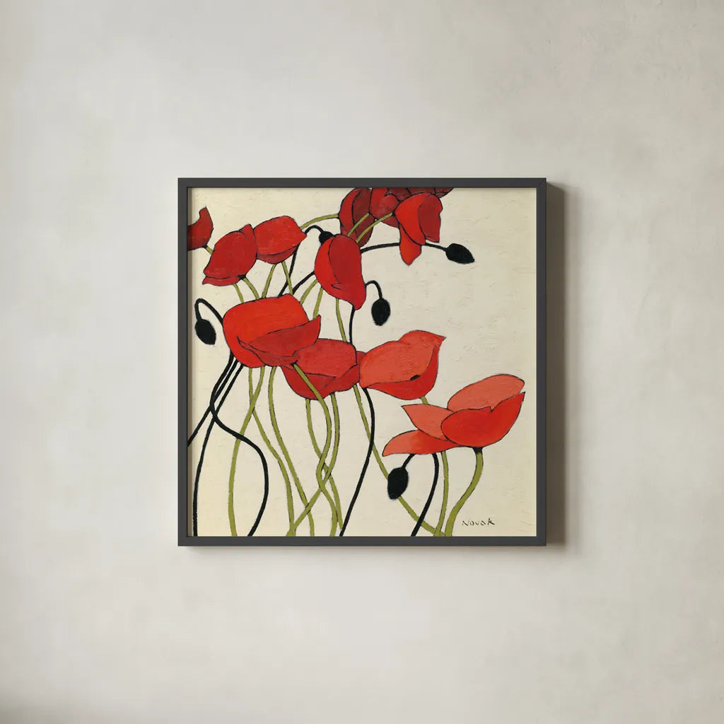 Poppies and Cream I by Shirley Novak. Shown in a sleek black glass frame for a contemporary gallery look. Available as an archival giclee rolled canvas, fine art paper, or poster print. SKU 4669a.