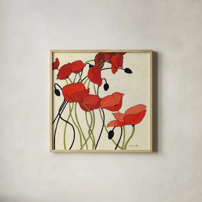 Poppies and Cream I by Shirley Novak. Shown in a natural wood glass frame for a timeless modern aesthetic. Available as an archival giclee rolled canvas, fine art paper, or poster print. SKU 4669a.