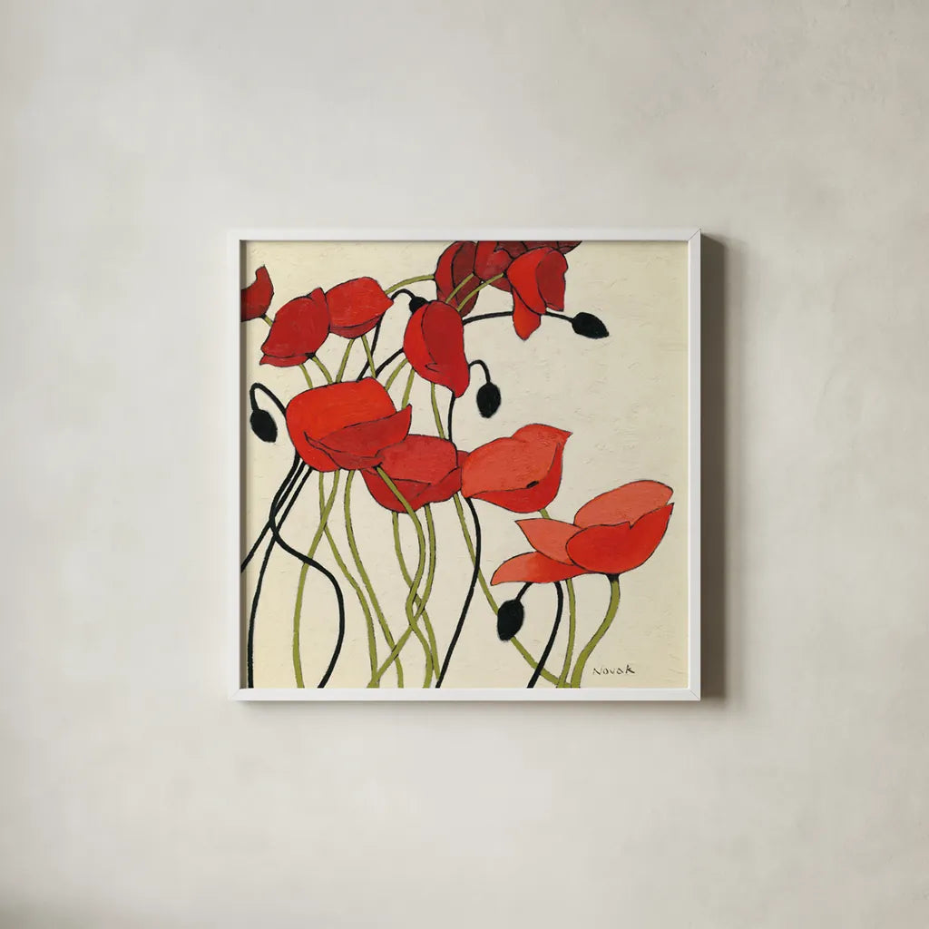 Poppies and Cream I by Shirley Novak. Shown in a crisp white glass frame for a clean and minimalist style. Available as an archival giclee rolled canvas, fine art paper, or poster print. SKU 4669a.
