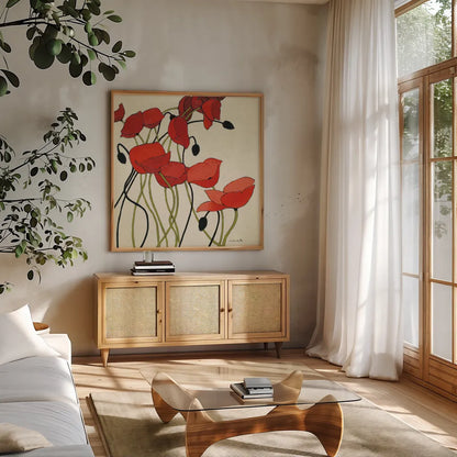 Poppies and Cream I by Shirley Novak. Shown in a natural wood frame in a cozy modern living room. Available as an archival giclee rolled canvas, fine art paper, or poster print. SKU 4669a.