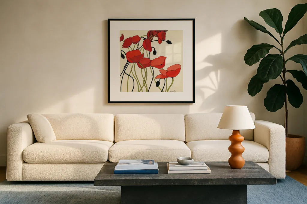 Poppies and Cream I by Shirley Novak. Displayed in a glass frame with matte in a clean modern living room. Available as an archival giclee rolled canvas, fine art paper, or poster print. SKU 4669a.