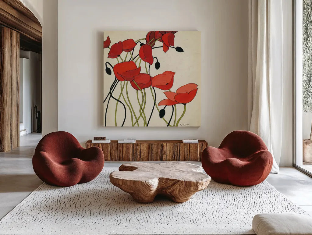 Poppies and Cream I by Shirley Novak. Shown as extra-large giant wall art in a modern living room. Available as an archival giclee rolled canvas, fine art paper, or poster print. SKU 4669a.