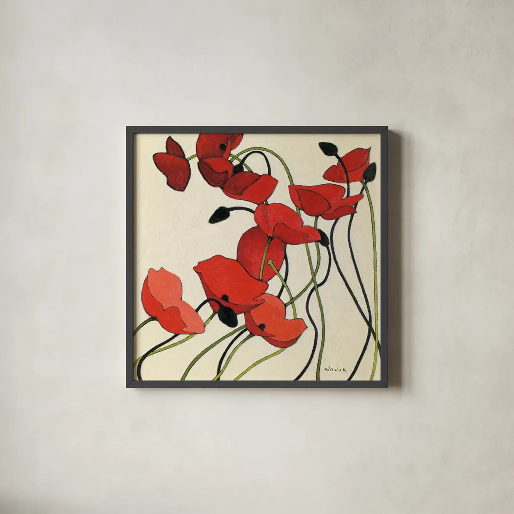 Poppies and Cream II by Shirley Novak. Shown in a sleek black glass frame for a contemporary gallery look. Available as an archival giclee rolled canvas, fine art paper, or poster print. SKU 4670a.