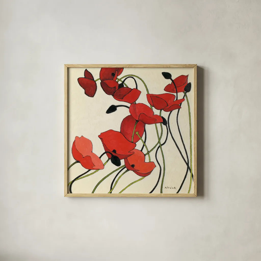 Poppies and Cream II by Shirley Novak. Shown in a natural wood glass frame for a timeless modern aesthetic. Available as an archival giclee rolled canvas, fine art paper, or poster print. SKU 4670a.