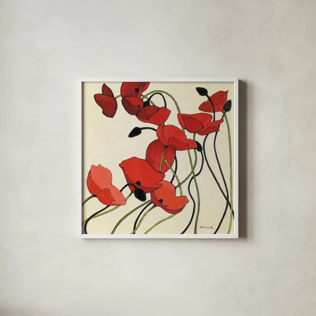Poppies and Cream II by Shirley Novak. Shown in a crisp white glass frame for a clean and minimalist style. Available as an archival giclee rolled canvas, fine art paper, or poster print. SKU 4670a.