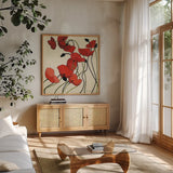 Poppies and Cream II by Shirley Novak. Shown in a natural wood frame in a cozy modern living room. Available as an archival giclee rolled canvas, fine art paper, or poster print. SKU 4670a.
