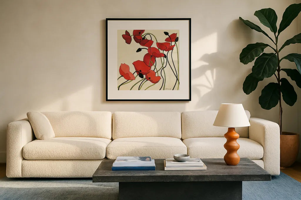 Poppies and Cream II by Shirley Novak. Displayed in a glass frame with matte in a clean modern living room. Available as an archival giclee rolled canvas, fine art paper, or poster print. SKU 4670a.
