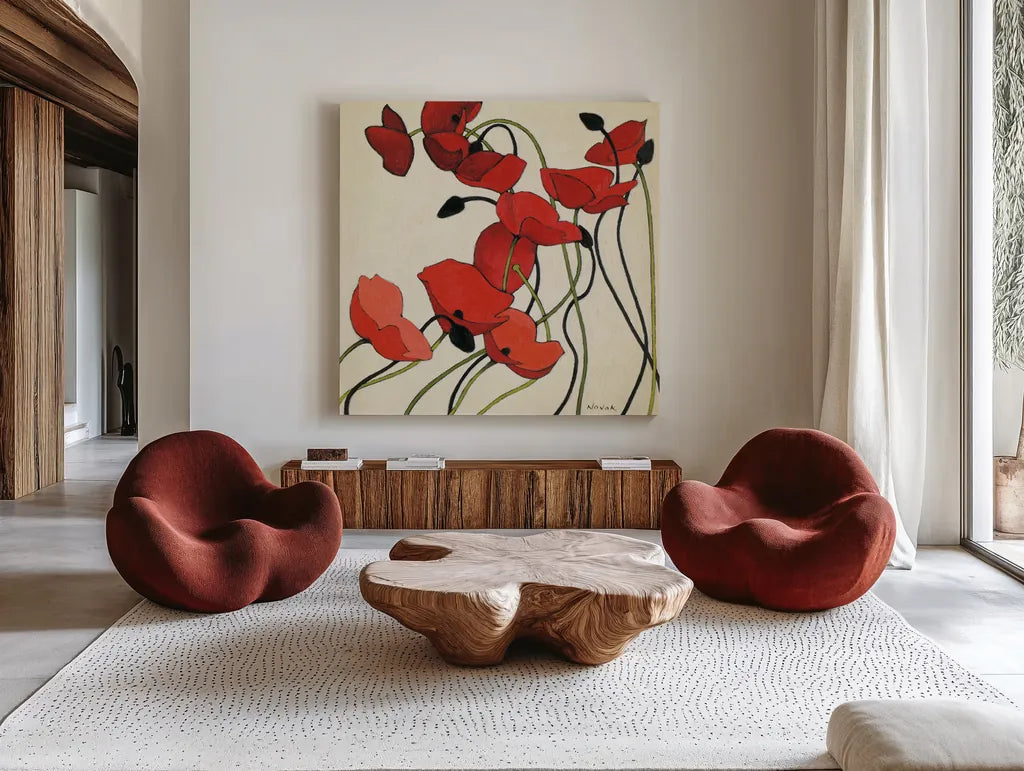 Poppies and Cream II by Shirley Novak. Shown as extra-large giant wall art in a modern living room. Available as an archival giclee rolled canvas, fine art paper, or poster print. SKU 4670a.