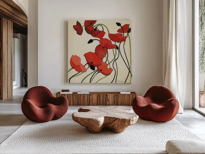 Poppies and Cream II by Shirley Novak. Shown as extra-large giant wall art in a modern living room. Available as an archival giclee rolled canvas, fine art paper, or poster print. SKU 4670a.