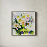 Poppies and Peonies by Shirley Novak. Shown in a sleek black glass frame for a contemporary gallery look. Available as an archival giclee rolled canvas, fine art paper, or poster print. SKU 90692a.