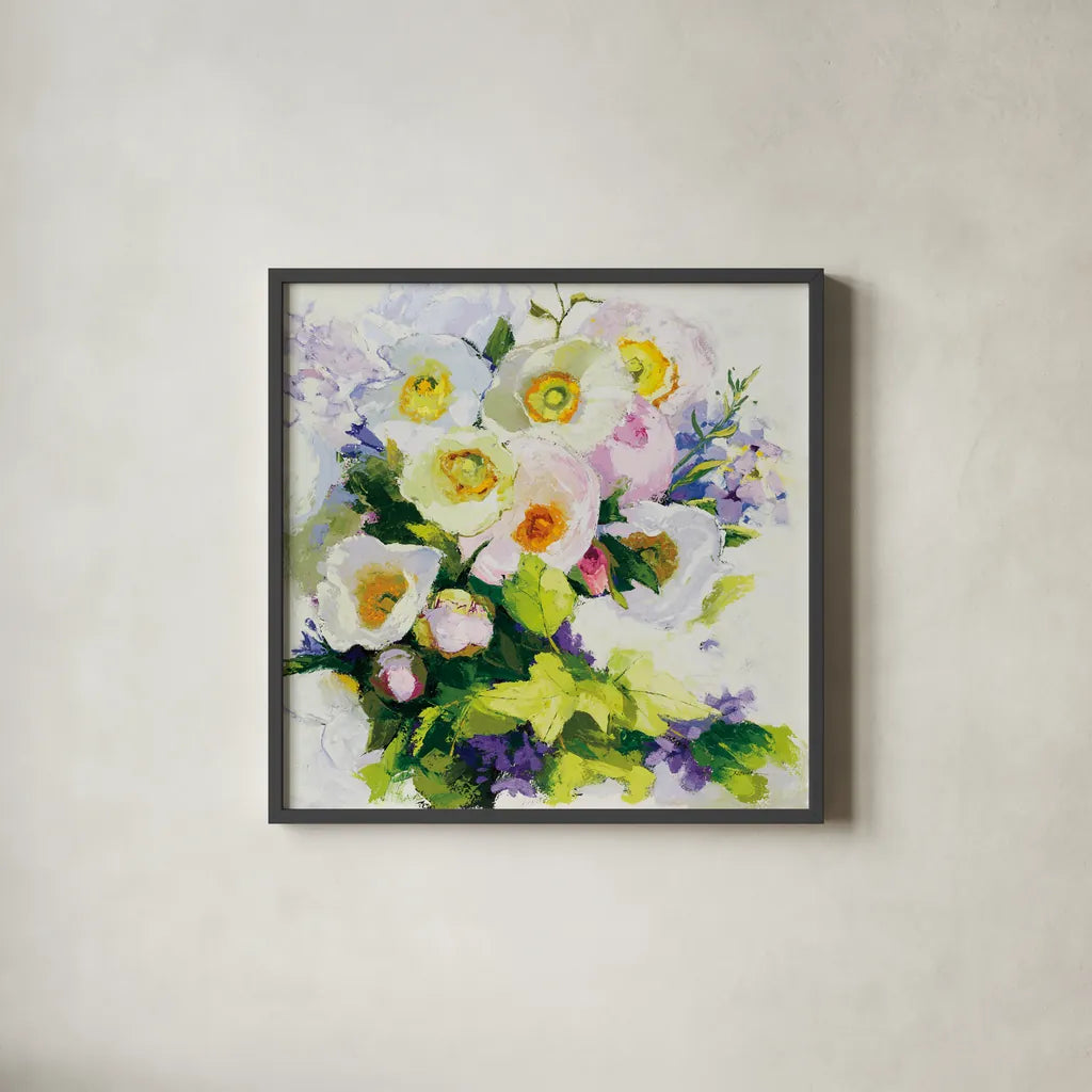 Poppies and Peonies by Shirley Novak. Shown in a sleek black glass frame for a contemporary gallery look. Available as an archival giclee rolled canvas, fine art paper, or poster print. SKU 90692a.