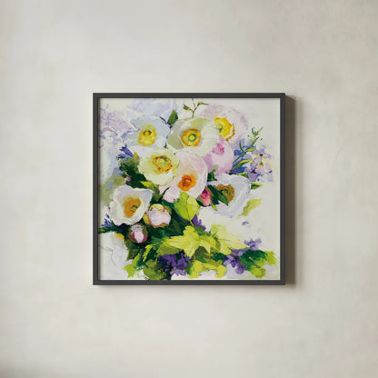 Poppies and Peonies by Shirley Novak. Shown in a sleek black glass frame for a contemporary gallery look. Available as an archival giclee rolled canvas, fine art paper, or poster print. SKU 90692a.
