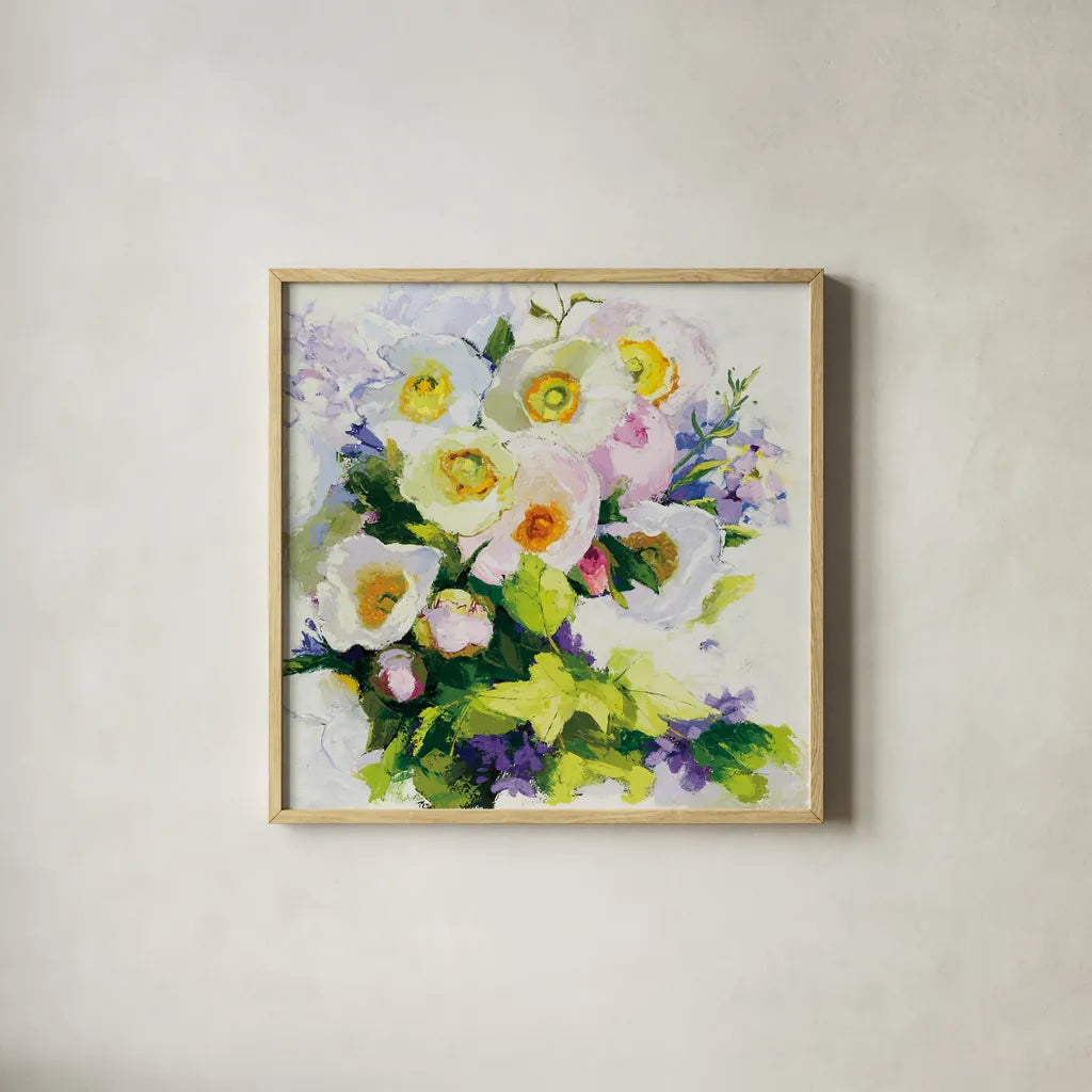 Poppies and Peonies by Shirley Novak. Shown in a natural wood glass frame for a timeless modern aesthetic. Available as an archival giclee rolled canvas, fine art paper, or poster print. SKU 90692a.