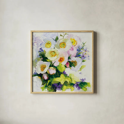 Poppies and Peonies by Shirley Novak. Shown in a natural wood glass frame for a timeless modern aesthetic. Available as an archival giclee rolled canvas, fine art paper, or poster print. SKU 90692a.