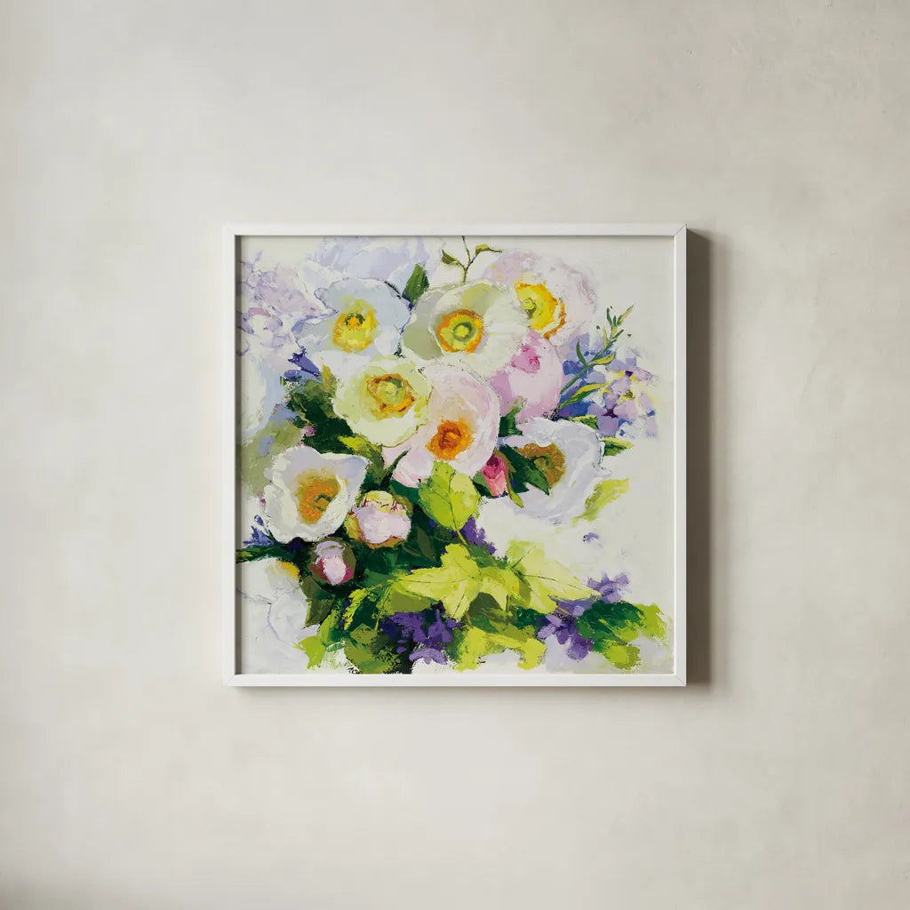 Poppies and Peonies by Shirley Novak. Shown in a crisp white glass frame for a clean and minimalist style. Available as an archival giclee rolled canvas, fine art paper, or poster print. SKU 90692a.