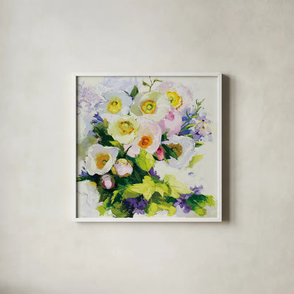 Poppies and Peonies by Shirley Novak. Shown in a crisp white glass frame for a clean and minimalist style. Available as an archival giclee rolled canvas, fine art paper, or poster print. SKU 90692a.