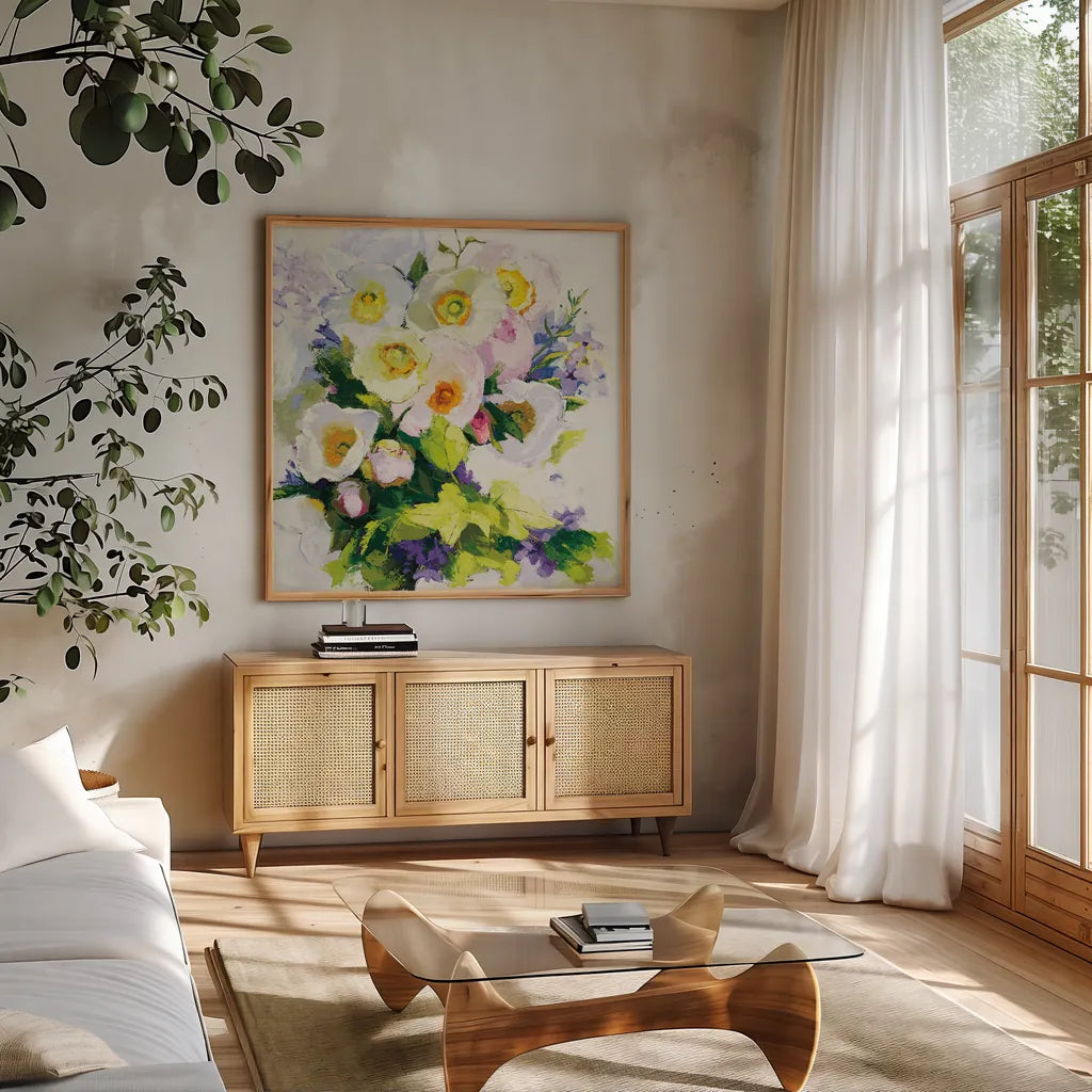 Poppies and Peonies by Shirley Novak. Shown in a natural wood frame in a cozy modern living room. Available as an archival giclee rolled canvas, fine art paper, or poster print. SKU 90692a.