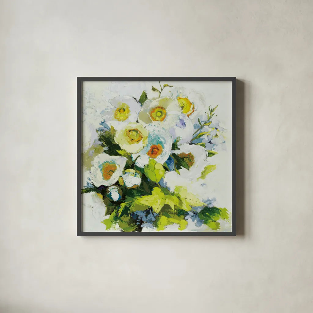 Poppies and Peonies Neutral by Shirley Novak. Shown in a sleek black glass frame for a contemporary gallery look. Available as an archival giclee rolled canvas, fine art paper, or poster print. SKU 91409a.